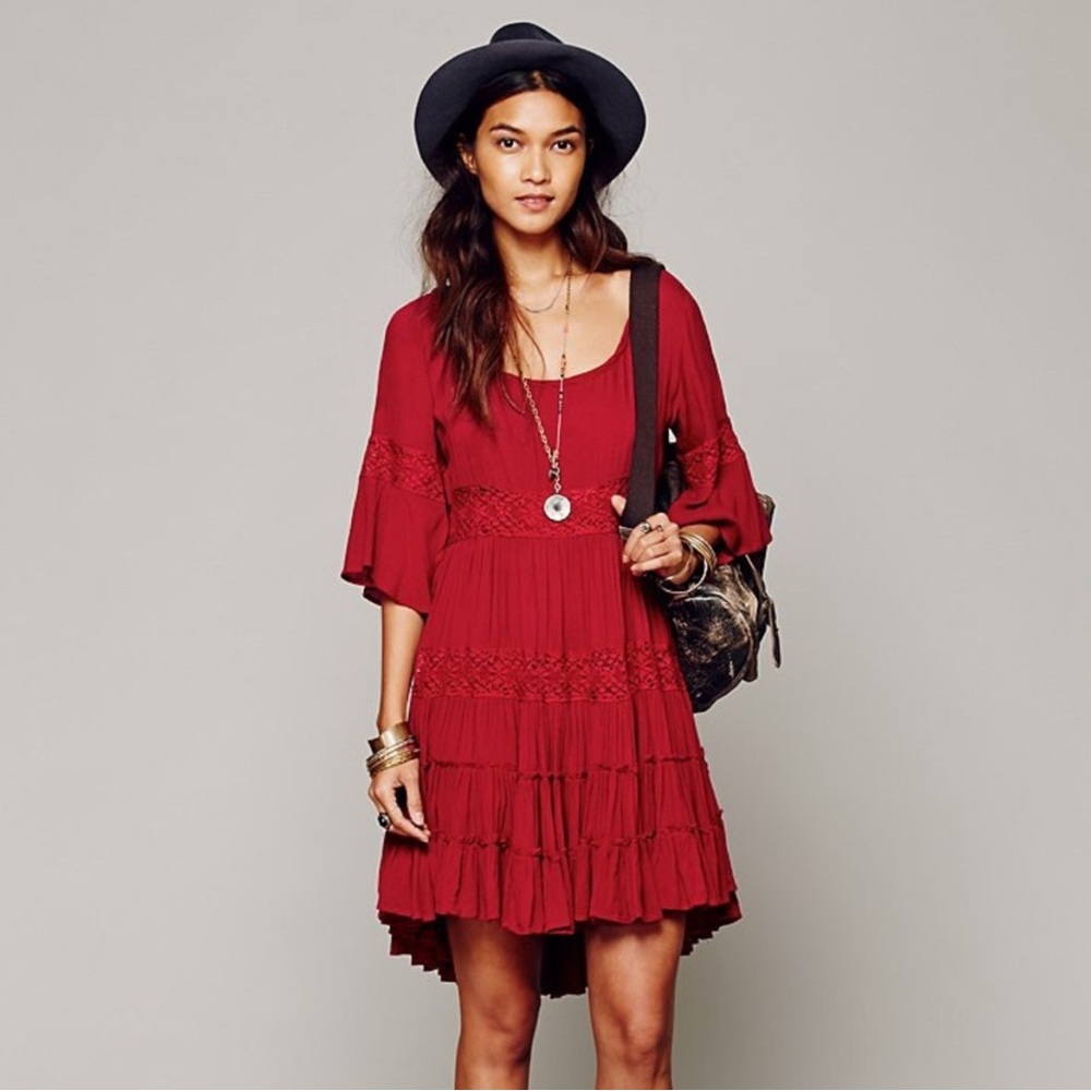 Free People Elegant Red Lace Trim Dress